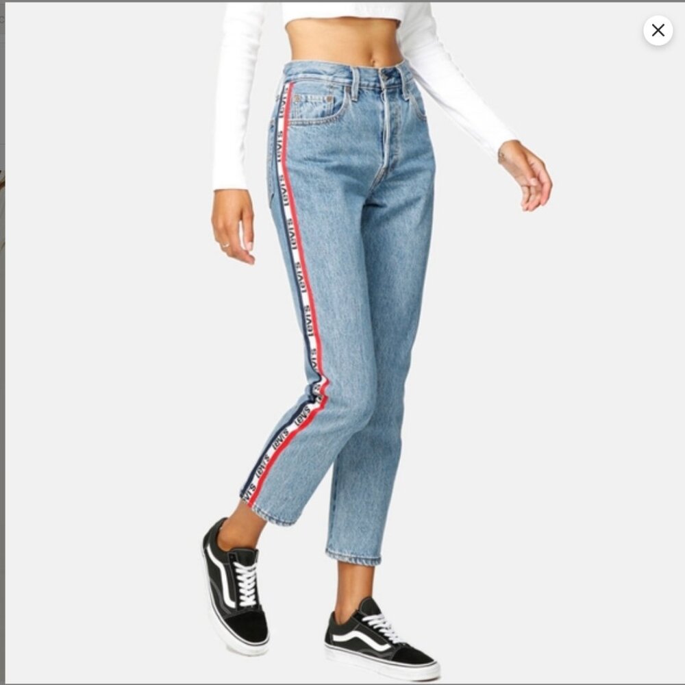 Women's Levi's Premium 501 Logo-Stripe Crop Straight Spectator Sport Side Tape - Picture 2 of 16